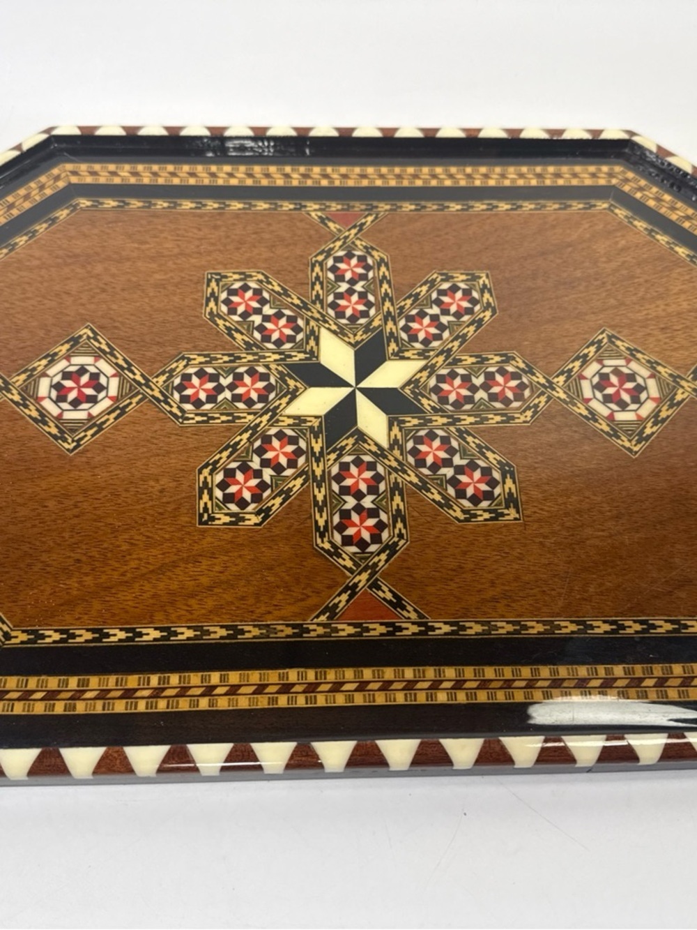 Marquetry middle eastern mosaic inlay geometric serving tray hand made